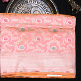 Peach Coral Banarasi Silk Saree With Gold Zari Paisley Medallion Jaal And Chevron Border