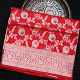 Bright Red Banarasi Silk Saree With Silver Zari Floral Booti Weave