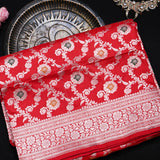 Bright Red Banarasi Silk Saree With Silver Zari Floral Booti Weave