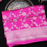 Magenta Pink Banarasi Silk Saree With Gold Zari Floral Vine And Trellis Border