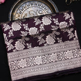 Aubergine Banarasi Silk Saree With Large Floral Brocade