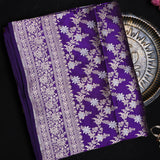 Deep Purple Banarasi Silk Saree With Silver Zari Floral Spray Weave