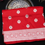 Bright Red Banarasi Silk Saree With Silver Zari Booti And Temple Border