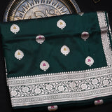 Bottle Green Banarasi Silk Saree With Silver Zari Booti And Temple Border