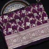Wine Purple Banarasi Silk Saree With Gold Zari Floral Spray And Diamond Lattice Pallu