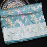 Peacock Teal Banarasi Silk Saree With Silver Zari Floral Vine And Multicolor Pallu