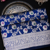 Royal Blue Banarasi Silk Saree With Silver Zari Floral Jaal Weave