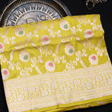 Mustard Yellow Banarasi Silk Saree With Gold Zari Floral Jaal Weave