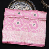 Baby Pink Banarasi Silk Saree with Gold Zari Floral Booti and Contrast Buds