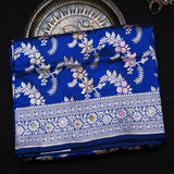 Royal Blue Banarasi Silk Saree With Silver Zari Floral Vine Weave