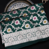 Bottle Green Banarasi Silk Saree With Silver Zari Floral Jaal Weave