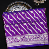 Violet Banarasi Silk Saree With Striped Floral Weave & Medallion Pallu