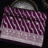 Purple Banarasi Silk Saree With Striped Floral Weave & Medallion Pallu
