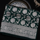 Bottle Green Banarasi Silk Saree With Silver Zari Lotus Weave