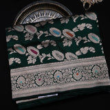 Bottle Green Banarasi Silk Saree With Silver Zari Floral Weave And Paisley Pallu