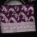 Wine Purple Banarasi Silk Saree With Dense Silver Zari Brocade