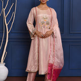 Pastel Soft Pink Tissue Embroidered Anarkali Set