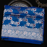 Cobalt Blue Banarasi Silk Saree With Silver Zari Floral Vine And Scroll Border