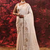 Off-White Embroidered Tussar Silk Saree