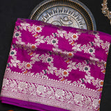Magenta Banarasi Silk Saree With Silver Zari Floral Butti