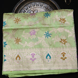 Pista Green Banarasi Silk Saree With Gold Zari Floral Jaal And Multicolor Florets