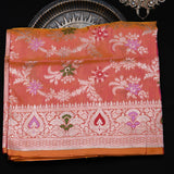 Warm Orange Banarasi Silk Saree With Silver Zari Floral Jaal And Multicolor Florets