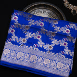 Cobalt Blue Banarasi Silk Saree With Silver Zari Floral Trellis Weave