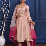 Pastel Soft Pink Tissue Embroidered Anarkali Set