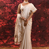 Off-White Embroidered Tussar Silk Saree