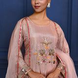 Pastel Soft Pink Tissue Embroidered Anarkali Set
