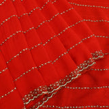 Stunning Red Organza Saree With Gold & Silver Beaded Stripes & Scalloped Border