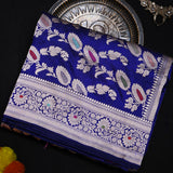 Royal Blue Banarasi Silk Saree With Silver Zari Floral Weave And Paisley Pallu