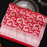 Bright Red Banarasi Silk Saree With Silver Zari Floral Medallion Jaal And Chevron Border