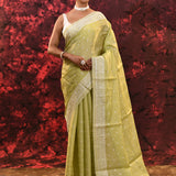 Lime Green Floral Embroidered Silk Blend Saree