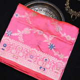 Pink Banarasi Silk Saree With Star Floral Booti And Lattice Medallion Pallu