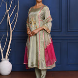 Pastel Soft Green Tissue Embroidered Anarkali Set