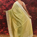 Lime Green Floral Embroidered Silk Blend Saree