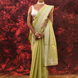 Lime Green Floral Embroidered Silk Blend Saree