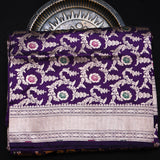 Purple Banarasi Silk Saree With Gold Zari Floral Medallion Jaal And Chevron Border