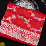 Red Banarasi Silk Saree With Gold Zari Floral Weave