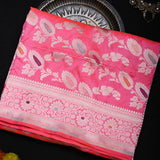 Rani Pink Banarasi Silk Saree With Silver Zari Floral Weave And Paisley Pallu