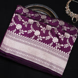 Purple Banarasi Silk Saree With Scalloped Border Trim