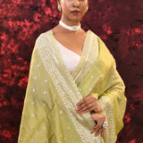 Lime Green Floral Embroidered Silk Blend Saree