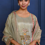 Pastel Soft Green Tissue Embroidered Anarkali Set