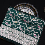 Bottle Green Banarasi Silk Saree With Silver Zari Floral Jaal Weave