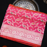 Red Banarasi Silk Saree With Silver Zari Floral Vine Weave