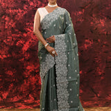 Dark Fern Green Floral Silk Blend Saree