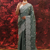 Dark Fern Green Floral Silk Blend Saree
