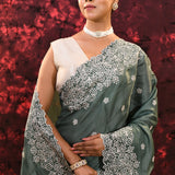 Dark Fern Green Floral Silk Blend Saree
