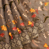 Grey Organza Tissue Designer Saree With Multicolor Floral Embroidery And Silver Zari Border